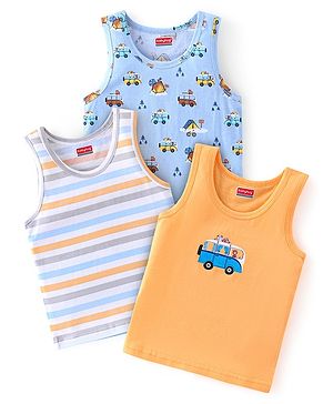 Babyhug 100 % Cotton Sleeveless Striped Camping Printed Sando Pack of 3  - Blue & Yellow