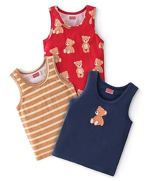 Babyhug 100% Cotton Single Jersey Knit Sando Stripes & Teddy Print Pack of 3 - Brown Navy Blue & Red