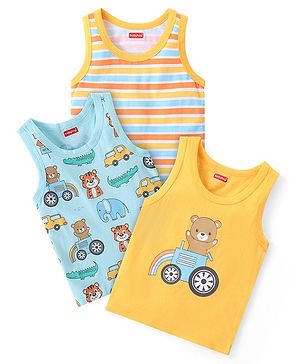 Babyhug 100% Cotton Sleeveless Sando Vests Stripes & Bear Print Pack of 3- Blue & Yellow