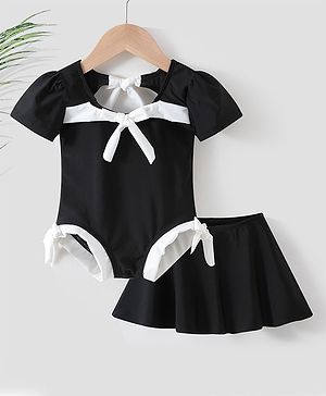 Babyhug Half Sleeves Frock Swimsuit - Black