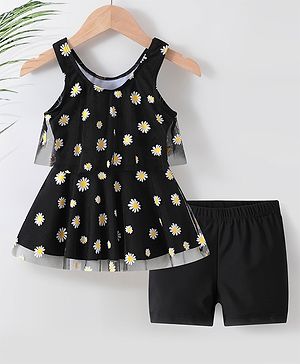 Babyhug Sleeveless Frock Swimsuit with Shorts Floral Print - Black