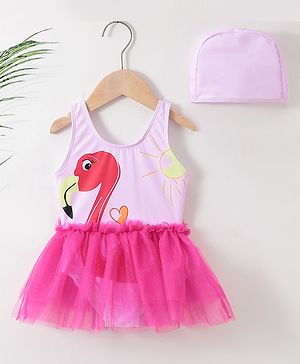 Babyhug Sleeveless Frock Swimsuit with Cap Flamingo Print - Pink