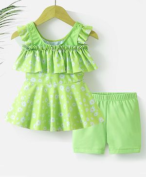Babyhug Sleeveless Frock Swimsuit with Shorts Floral Print - Green