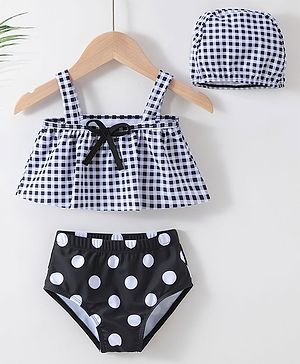 Babyhug Sleeveless Two Piece Checked Swimsuit with Cap - Black
