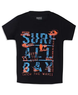THETA Half Sleeves Cotton  Surf Graphics T-Shirt - Black