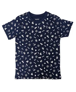 THETA Half Sleeves Cotton Marine Graphics  T-Shirt - Navy Blue