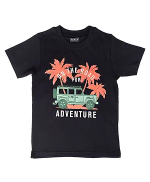THETA Half Sleeves Cotton Adventure Jeep Graphic T-Shirt - Black