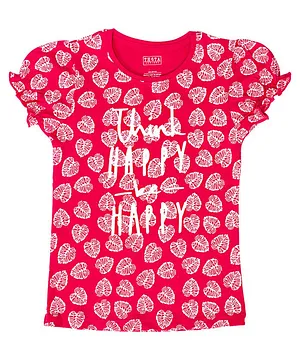 THETA Puffed Sleeves Cotton Leaf Graphic Top - Dark Pink