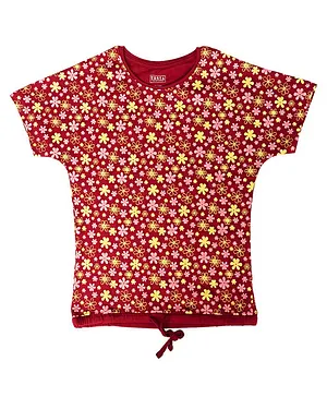 THETA Half Sleeves Cotton Knotted Floral Graphic Top - Maroon