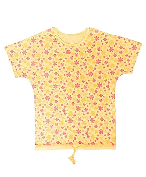 THETA Half Sleeves Cotton Knotted Floral Graphic Top - Yellow