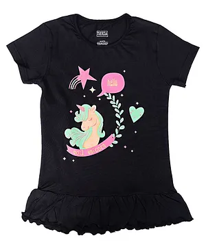 THETA Half Sleeves Cotton Unicorn Graphic Top - Black