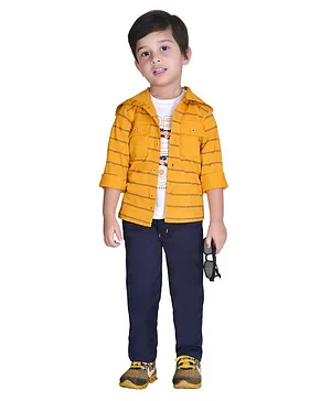 DOTSON Half Sleeves Speed Graphic T-Shirt & Solid Colour Jeans with Striped Hooded Jacket - Mustard