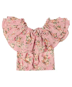 Actuel - Off Shoulder Floral Print Top -Peach,Green,Red