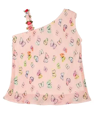 Actuel Sleeveless Butterfly Print One Shoulder Woven Top - Pink
