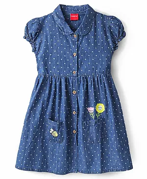 Babyhug Short Sleeves Denim Front Open Embroidered Dress - Blue