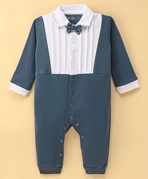 Kookie Kids Full Sleeves Romper With Pleate & Bow Detailing - Blue