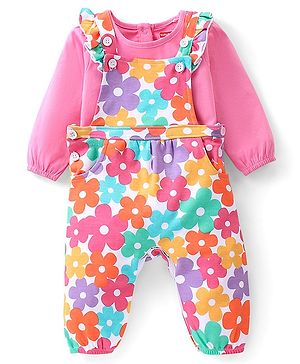 Babyhug 100% Cotton Knit Floral Printed Dungaree with Full Sleeves Inner Tee - Pink