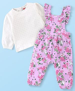 Babyhug 100% Cotton Knit Floral Printed Dungaree with Full Sleeves Inner T-Shirt - Lilac & White