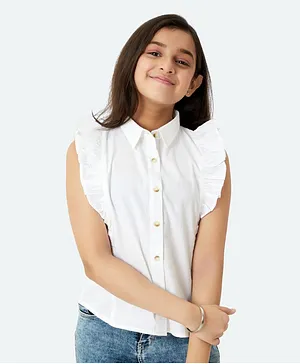 Olele Sleeveless Linen Blend Ruffled Solid Colour Shirt - White