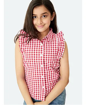Olele Sleeveless Cotton Ruffled Checked Shirt - Red
