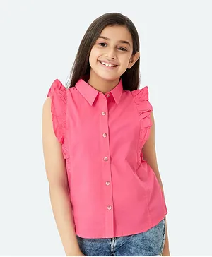 Olele Sleeveless Cotton Linen Ruffled Solid Colour Shirt - Red