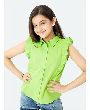 Olele Sleeveless Cotton Linen Ruffled Solid Colour Shirt - Green