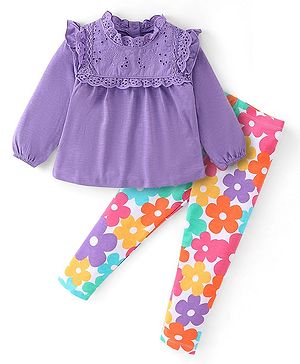 Babyhug 100% Cotton Knit Full Sleeves Top & Leggings With Floral Print - White & Purple