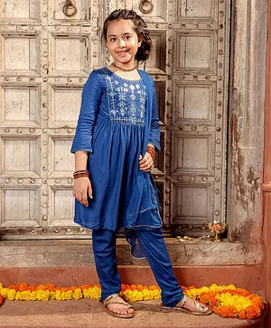 Earthy Touch 100% Cotton Full Sleeves Embroidered Kurti with Salwar & Dupatta Set - Blue