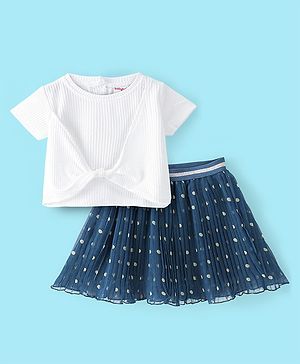 Babyhug Half Sleeves Solid & Knot Detailing Top with Polka Dots Printed Skirt - White & Blue