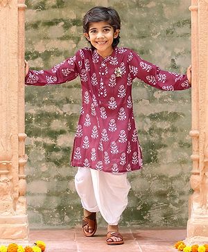 Babyhug 100% Cambric Full Sleeve Printed Kurta With Solid Dhoti Set - Magenta