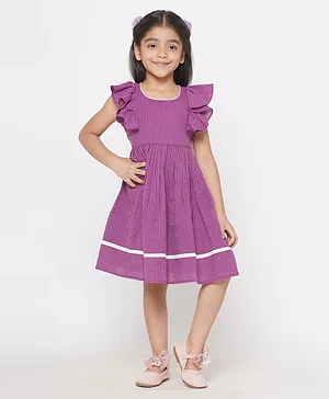 Little Bansi Sleeveless Cotton A-Line Ruffled Dress with Thread Work Detailing - Purple