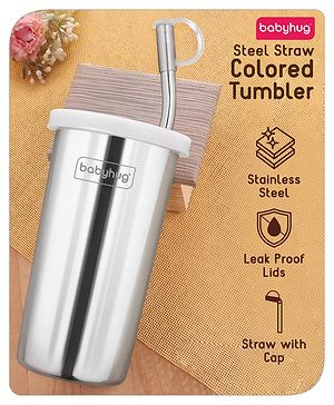Babyhug Steel Straw Tumbler With Straw Cleaning Brush Silver - 450 ml
