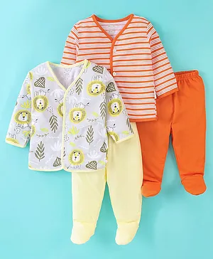 OHMS Single Jersey Full Sleeves Footed Night Suit Stripes & Lion Print Pack of 2 - Yellow & Orange