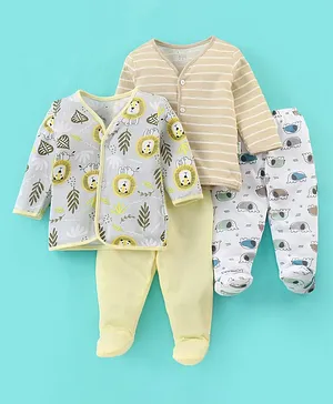 OHMS Single Jersey Full Sleeves Night Suit Stripes & Lion Print Pack of 2 - Beige Grey & Yellow