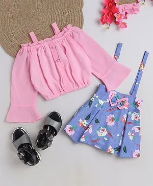 Twetoons Woven Full Sleeves Top & Floral Printed Skirt with Suspender & Bow Applique - Pink & Blue