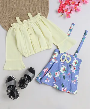 Twetoons  Solid Colour Off Shoulder Full Sleeves Top & Floral Printed Skirt with Suspender & Bow - Yellow & Blue