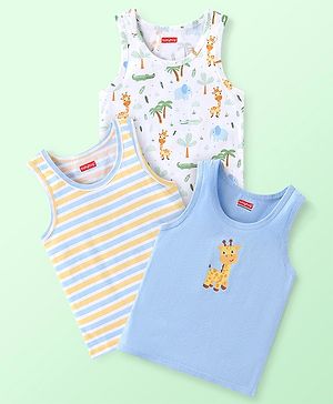 Babyhug 100% Cotton Knit Sleeveless Striped & Giraffe Print Sando Pack Of 3 - Blue White & Yellow
