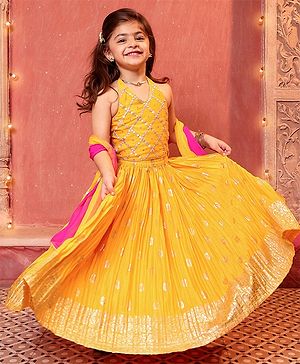 Babyhug Sleeveless Embrodered Choli with Foil Printed Pleated Lehenga and Dupatta - Mustard
