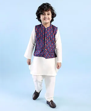 Babyhug 100% Cotton Full Sleeves Kurta & Pyjama Set With Waist Coat Ikat Print - White & Blue