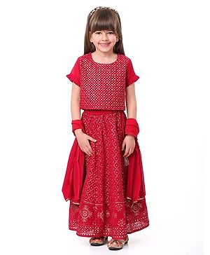 Babyhug Half Sleeves Sequined Embroidered Choli Lehenga and Dupatta Set - Red