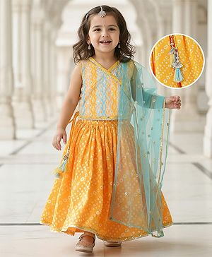 Babyhug 100% Cotton Knit Sleeveless Sequenced Embroidered Choli with Bandhani Printed Lehenga  and Dupatta Set - Yellow