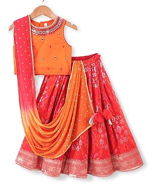 Babyhug Sleeveless Embroidered Choli with Pattola Lehenga and Dupatta Set - Red
