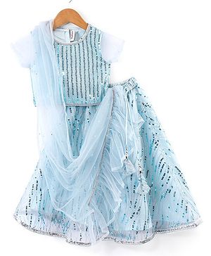 Babyhug Half Sleeves Sequenced Choli with Sequenced Lehenga and Dupatta Set - Sky Blue