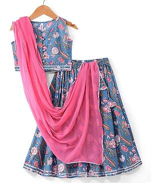 Babyhug 100% Cotton Woven Sleeveless Floral Printed Choli with Lehenga and Dupatta - Teal Blue