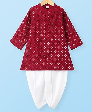 Babyhug Full Sleeves Embroidered   Kurta With Solid Colour Dhoti - Maroon