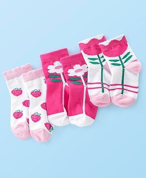 Cutewalk By Babyhug Anti Bacterial Ankle Length Socks Floral Print Pack Of 3 - White & Pink