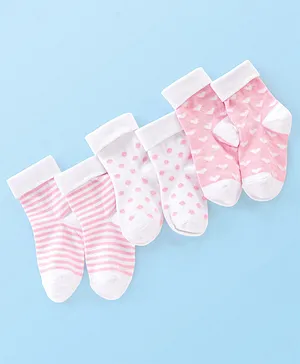 Cutewalk By Babyhug Anti Bacterial Ankle Length Socks Heart Print Pack Of 3 - White & Pink