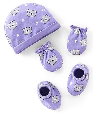 Babyhug 100% Cotton Interlock Knit Cap Mittens And Booties Bear Print - Purple