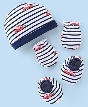 Babyhug 100% Cotton Interlock Knit Cap Mittens And Booties Stripes & Car Print - Navy Blue