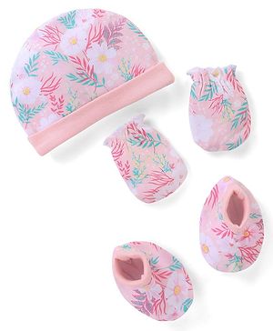 Babyhug 100% Cotton Knit Cap Mittens & Booties Floral Print - Pink